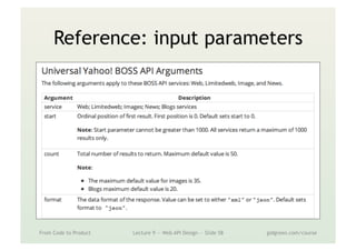 Reference: input parameters
From Code to Product Lecture 9 — Web API Design — Slide 58 gidgreen.com/course
 