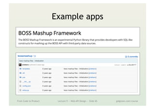 Example apps
From Code to Product Lecture 9 — Web API Design — Slide 65 gidgreen.com/course
 