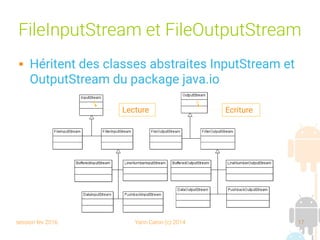 session fev 2016 Yann Caron (c) 2014 17
FileInputStream et FileOutputStream
 Héritent des classes abstraites InputStream et
OutputStream du package java.io
Lecture Ecriture
 