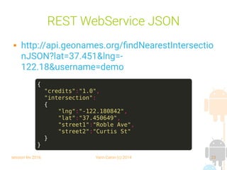 session fev 2016 Yann Caron (c) 2014 23
REST WebService JSON
 http://api.geonames.org/findNearestIntersectio
nJSON?lat=37.451&lng=-
122.18&username=demo
{
"credits":"1.0",
"intersection":
{
"lng":"-122.180842",
"lat":"37.450649",
"street1":"Roble Ave",
"street2":"Curtis St"
}
}
 