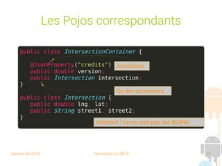 session fev 2016 Yann Caron (c) 2014 37
Les Pojos correspondants
public class IntersectionContainer {
@JsonProperty("credits")
public double version;
public Intersection intersection;
}
public class Intersection {
public double lng, lat;
public String street1, street2;
}
Ou des accesseurs
Annotation
Attention ! Ce ne sont pas des BEANS
 