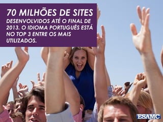 70 MILHÕES DE SITES 
DESENVOLVIDOS ATÉ O FINAL DE 
2013. O IDIOMA PORTUGUÊS ESTÁ 
NO TOP 3 ENTRE OS MAIS 
UTILIZADOS. 
 