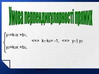 y1=k1x +b1,
<=> k1·k2= -1, <=> y1 I y2
y2=k2x +b2,

Ільюх С. М.

 