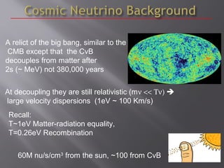 A relict of the big bang, similar to the
CMB except that the CvB
decouples from matter after
2s (~ MeV) not 380,000 years
...