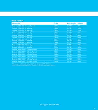 Wide Format
Description                                                                  OEM#     Elite Image#   Volume
DesignJet 1000/1050 - 80 Series, Pigment                                     C4871A   ELI75322       350ml.
DesignJet 1000/1050 - 80 Series, Dye                                         C4846A   ELI75323       323ml.
DesignJet 1000/1050 - 80 Series, Dye                                         C4847A   ELI75324       350ml.
DesignJet 1000/1050 - 80 Series, Dye                                         C4848A   ELI75325       324ml.
DesignJet 5000/5500 - 81 Series, Dye                                         C4931A   ELI75310       680ml.
DesignJet 5000/5500 - 81 Series, Dye                                         C4932A   ELI75311       680ml.
DesignJet 5000/5500 - 81 Series, Dye                                         C4933A   ELI75312       680ml.
DesignJet 5000/5500 - 81 Series, Dye                                         C4930A   ELI75313       680ml.
DesignJet 5000/5500 - 81 Series, Dye                                         C4934A   ELI75314       680ml.
DesignJet 5000/5500 - 81 Series, Dye                                         C4935A   ELI75315       680ml.
DesignJet 5000/5500 UV - 83 Series, Pigment                                  C4941A   ELI75316       680ml.
DesignJet 5000/5500 UV - 83 Series, Pigment                                  C4942A   ELI75317       680ml.
DesignJet 5000/5500 UV - 83 Series, Pigment                                  C4943A   ELI75318       680ml.
DesignJet 5000/5500 UV - 83 Series, Pigment                                  C4940A   ELI75319       680ml.
DesignJet 5000/5500 UV - 83 Series, Pigment                                  C4944A   ELI75320       680ml.
DesignJet 5000/5500 UV - 83 Series, Pigment                                  C4945A   ELI75321       680ml.
Elite Image is continuously adding to its Trade Compliant (TAA) SKU listing.
Please check eliteimagesupplies.com as product information is updated frequently.




                                                  Tech Support: 1-866-349-1899

                                                                                                              13
 