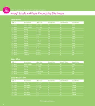 DID
     YOU   Elite Image is part of a global recycling organization.
    KNOW
           Avery® Labels and Paper Products by Elite Image

           Laser White
           SKU #              Description        Label Size          Sheets/Box   Labels/Sheet   Labels/Box
           ELI 26000          Return Address     1/2 x 1-3/4         25           80             2000
           ELI 26001          Return Address     1/2 x 1-3/4         100          80             8000
           ELI 26002          Mailing            1 x 2-5/8           25           30             750
           ELI 26003          Mailing            1 x 2-5/8           100          30             3000
           ELI 26004          Mailing            1 x 2-5/8           250          30             7500
           ELI 26005          Mailing            1x4                 100          20             2000
           ELI 26006          Mailing            1x4                 250          20             5000
           ELI 26007          Mailing            1-1/3 x 4           100          14             1400
           ELI 26008          Mailing            1-1/3 x 4           250          14             3500
           ELI 26009          Shipping           2x4                 100          10             1000
           ELI 26010          Shipping           2x4                 250          10             2500
           ELI 26011          Shipping           3-1/3 x 4           100          6              600
           ELI 26012          Shipping           8-1/2 x 11          100          1              100
           ELI 26013          Full Sheet         3-1/2 x 5           100          4              400


           Laser Clear
           SKU #              Description        Label Size          Sheets/Box   Labels/Sheet   Labels/Box
           ELI 26020          Return Address     1/2 x 1-3/4         25           80             2000
           ELI 26021          Mailing            1 x 2-3/4           25           30             750
           ELI 26022          Mailing            1 x 2-3/4           50           30             1500
           ELI 26023          Mailing            1-1/3 x 4-1/4       50           14             700
           ELI 26024          Shipping           2 x 4-1/4           50           10             500


           Laser Fluorescent
           SKU #              Description        Label Size          Sheets/Box   Labels/Sheet   Labels/Box
           ELI 37000          Neon Pink          1” x 2-5/8”         25           30             750/PK
           ELI 37001          Neon Green         1” x 2-5/8”         25           30             750/PK
           ELI 37002          Neon Yellow        1” x 2-5/8”         25           30             750/PK
           ELI 37003          Neon Pink          2” x 4”             25           10             250/PK
           ELI 37004          Neon Green         2” x 4”             25           10             250/PK
           ELI 37005          Neon Yellow        2” x 4”             25           10             250/PK



                                                        eliteimagesupplies.com

4
 