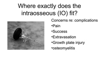 Where exactly does the
 intraosseous (IO) fit?
            Concerns re: complications
            •Pain
            •Success
            •Extravasation
            •Growth plate injury
            •osteomyelitis
 