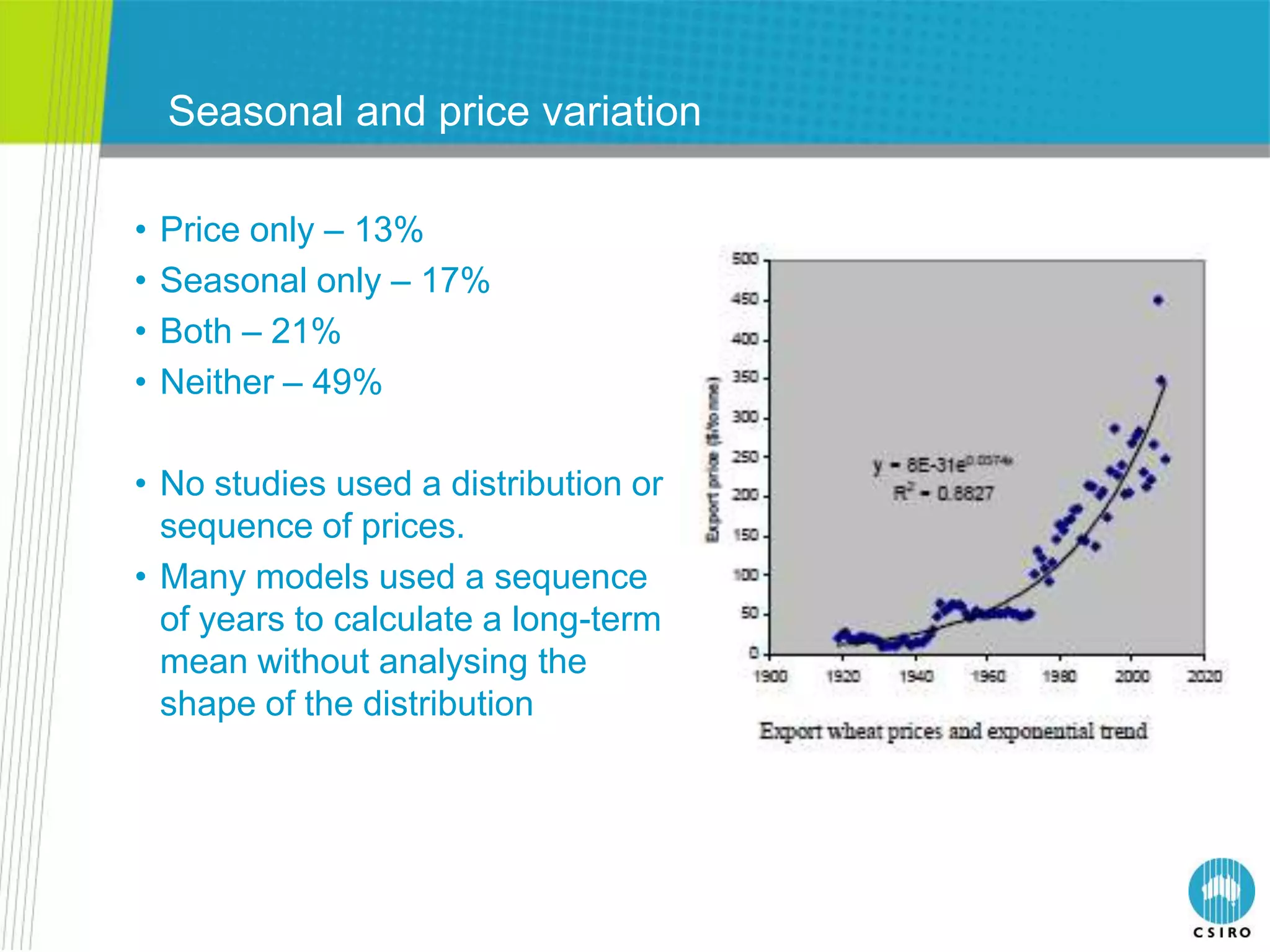 Seasonal and price variation

•   Price only – 13%
•   Seasonal only – 17%
•   Both – 21%
•   Neither – 49%

• No studies used a distribution or
  sequence of prices.
• Many models used a sequence
  of years to calculate a long-term
  mean without analysing the
  shape of the distribution
 