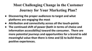 Most Challenging Change in the Customer
Journey for Your Marketing Plan?
● Discovering the proper audiences to target and ...