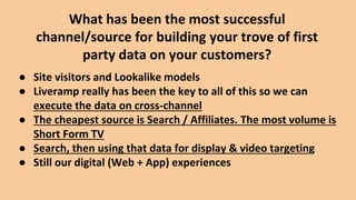 What has been the most successful
channel/source for building your trove of first
party data on your customers?
● Site visitors and Lookalike models
● Liveramp really has been the key to all of this so we can
execute the data on cross-channel
● The cheapest source is Search / Affiliates. The most volume is
Short Form TV
● Search, then using that data for display & video targeting
● Still our digital (Web + App) experiences
 