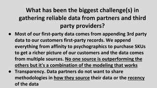 What has been the biggest challenge(s) in
gathering reliable data from partners and third
party providers?
● Most of our first-party data comes from appending 3rd party
data to our customers first-party records. We append
everything from affinity to psychographics to purchase SKUs
to get a richer picture of our customers and the data comes
from multiple sources. No one source is outperforming the
others but it's a combination of the modeling that works
● Transparency. Data partners do not want to share
methodologies in how they source their data or the recency
of the data
 