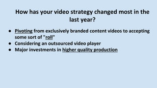 How has your video strategy changed most in the
last year?
● Pivoting from exclusively branded content videos to accepting
some sort of "roll"
● Considering an outsourced video player
● Major investments in higher quality production
 