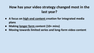 How has your video strategy changed most in the
last year?
● A focus on high end content creation for integrated media
plans
● Making longer form content (10+ mins)
● Moving towards limited series and long-form video content
 