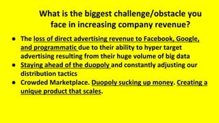 What is the biggest challenge/obstacle you
face in increasing company revenue?
● The loss of direct advertising revenue to Facebook, Google,
and programmatic due to their ability to hyper target
advertising resulting from their huge volume of big data
● Staying ahead of the duopoly and constantly adjusting our
distribution tactics
● Crowded Marketplace. Duopoly sucking up money. Creating a
unique product that scales.
 