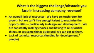 What is the biggest challenge/obstacle you
face in increasing company revenue?
● An overall lack of resources. We have so much room for
growth but we can’t hire enough talent to maximize the
opportunities – particularly in design and development. We
are constantly making choices and having to re-prioritize
things, or set some things aside until we can get to them.
● Lack of technical resources (funding for development /
people)
 