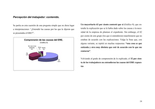 19
Percepción del trabajador: contenido.
Se partía en esta cuestión de una pregunta simple que no diera lugar
a interpretaciones: “¿Entendió las causas por las que le dijeron que
se presentaba el ERE?”.
Un mayoritario 63 por ciento contestó que sí (Gráfico 8), que en-
tendía la explicación que se le había dado sobre las causas o la nece-
sidad de la empresa de plantear el expediente. Sin embargo, el 82
por ciento de este grupo (los que sí entendieron) manifestaron que no
estaban de acuerdo con las explicaciones. Valga la frase que, con
alguna variante, se repitió en muchas respuestas: “una cosa es que
entienda y otra muy distinta que esté de acuerdo con lo que me
contaron”.
Volviendo al grado de comprensión de lo explicado, el 32 por cien-
to de los trabajadores no entendieron las causas del ERE expues-
tas.
Comprensión de las causas del ERE.
(Gráfico 8)
Sí.
63%
No.
32%
Otros
1%
Ns/Nc.
4%
No nos lo han
explicado.
0%
 