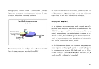 23
Dicho porcentaje supone un total de 157 entrevistados. A estos tra-
bajadores se les preguntó a continuación sobre el sentido de lo que
se hablaba en los lugares comunes de la empresa.
La opinión mayoritaria, con un 60 por ciento de las respuestas (Grá-
fico 13), es que seguramente se produciría otro ERE.
El resultado es indicativo de un desánimo generalizado entre los
trabajadores, que es seguramente el que provoca ese ambiente de
trabajo “malo” o “muy malo” comentado con anterioridad.
Desempeño del trabajo.
En las respuestas a la primera pregunta quedó expresado que un 71
por ciento de los trabajadores entrevistados no estaban afectados por
el ERE de su empresa o no sabían si lo iban a estar o no. Sólo a este
grupo (150 entrevistados) se le preguntó después si creía que el ERE
afectaría a su labor, dando por hecho que una disminución de efecti-
vos en los puestos de trabajo tendría que repercutir en el desempeño
de su función, la estructura de mandos, etcétera.
En una pregunta cerrada se pidió a los trabajadores que señalasen, de
cuatro respuestas posibles, aquella que más se adecuaba a lo que se
les venía a la mente al hablar del ERE. Según puede verse en el Grá-
fico 14, una cuarta parte de los trabajadores expresaron que el
asunto les había creado mucha inseguridad.
Sentido de los comentarios.
(Gráfico 13)
Va a volver a haber
otro
60%Las cosas se van a
quedar como están
1%
Comentarios sobre las
personas a las que les
ha afectado el ERE
31%
NS/NC
8%
 