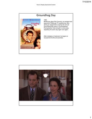 7/10/2014
1
Groundhog Day
1993
Bill Murray plays Phil Connors, an arrogant and
egocentric Pittsburgh TV weatherman who,
during an assignment covering the annual
Groundhog Day event in Punxsutawney,Groundhog Day event in Punxsutawney,
Pennsylvania, finds himself in a time loop,
repeating the same day again and again.
After indulging in hedonism he begins to
re-examine his life and priorities.
How to Display Sponsored Content
 