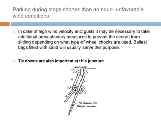 Parking during stops shorter than an hour– unfavorable
wind conditions
 In case of high wind velocity and gusts it may be necessary to take
additional precautionary measures to prevent the aircraft from
sliding depending on what type of wheel chocks are used. Ballast
bags filled with sand will usually serve this purpose.
 Tie downs are also important at this juncture
 