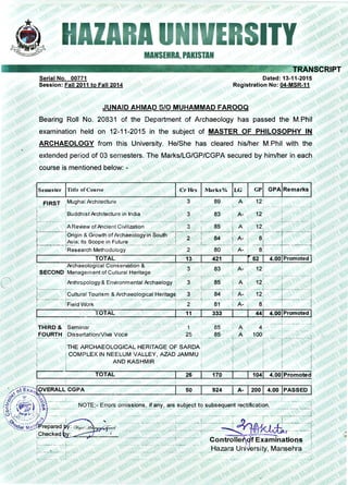 ITY
MANSEHRA, PAKISTAN
· TRANSCRIPT
Serial No. 00771 Dated: 13-11-2015
Session: Fall 2011 to Fall 2014 Registration No: 04-MSR-11
JUNAID AHMAD 5/0 MUHAMMAD FAROOQ
Bearing Roll No. 20831 of the Department of Archaeology has passed the M.Phil
examination held on 12-11-2015 in the subject of MASTER OF PHILOSOPHY IN
ARCHAEOLOGY from this University. He/She has cleared his/her M.Phil with the
extended period of 03 semesters. The Marks/LG/GP/CGPA secured by him/her in each
course is mentioned below: -
Semester Title of Course Cr Hrs Marks% LG GP GPA Remarks
! FIRST ·MughalArchitecture 3 89 A 12
1
r------· t--- · --- ·--- -- --- -
-··--· · ·-r- - · ---1-- -----•
I
I
.
'.BuddhistArchitectureinIndia I
3 83 ; A- 12; i :
------
.
- . -- . . . · · � --- ------+---- -· · ·· - -- --l..-------1·- -- -·-i--- ··-·· -
l ;AReviewofhlcientCivilization ! 3 I 85 ' A . 12; l �
r------ror-191r, &-GrowttiorJrcfi-aeo1ogyinso-ur11-1--2----r--�---r�r----;r-·-·--r--..---·-1
[--·---�a;lls_�C_?P�.i�Futu_r:.e_______ --+-�------L----·-� .._ ..L___J___ _L____ .J
I : ResearchMethodology ; 2 i . 80 I A- i ar I !
I TOTAL 13 j 421 I r 52 I 4.oojPromoted I
1 ,ArchaeologicalConservation&
1
! SECOND! ManagementofCulturalHeritage · 3 '.
83 . A- _ 12·
i lr-----·---r--· ---- . - - - --- · - ·--·------·--r ---··-r-·-----·----;··-·- -;· -- :-- --·-r----- ---,
l-=�=--t��::,���i:;�·:�:;:::������;�=--Lt3-��t�-. -i� -=±-�-��=�11i !FieldWork ! 2 1 81 I
A-
•
8! I
I
TOTAL 11 333 l 44! 4.00,Promoted
I;
THIRf
f
& ;·seminar
-· -· ··
1
85
A
--4· · ----t------· -·-1
. - ·· ·�- · ····- - - -· -· -- - .
· FOURTH Dissertation/VivaVoce 25 85 A 100 i 1
1-----------1····- ---- ·-· ------ -- --- ·· - - · ·---- -- - � ,-·-·-·--r-----·-:
I 11HE ARCHAEOLOGICAL HERITAGE OF SARDAi ; I
I
COMPLEX IN NEELUM VALLEY, AZAD JAMMU :
I
AND KASHMIR
i---
TOTAL I 26 I 170 1041 4.oolPromoted
50 924 A- I 200 I 4.00 jPASSED I
i
. -- -�J
 