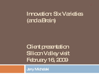 Innovation: Six Varieties (and a Brain) Client presentation Silicon Valley visit February 16, 2009 Jerry Michalski “ Point of view is worth 80 IQ points.”    – Alan Kay 