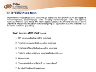 HR EFFECTIVENESS INDEX:
The Human Resources Effectiveness Index (HREI) is a composite of seven (7) measures developed with
revenue/employees, assets/employee costs, operating income/employee costs, and operating
income/stockholder’s equity (ROE). This index is appealing because it is simple to compute and easy to
understand. These indices have been useful for comparing one organization to another and can be used
for internal control and goal setting.
Seven Measures of HR Effectiveness:
1. HR expenses/total operating expenses
2. Total compensation/total operating expenses
3. Total cost of benefits/total operating expenses
4. Training and development expenses/total employees
5. Absence rate
6. Turnover rate (controllable & non-controllable)
7. Level of Employee Engagement
 
