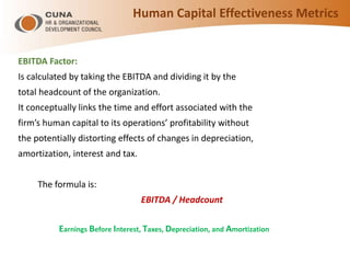EBITDA Factor:
Is calculated by taking the EBITDA and dividing it by the
total headcount of the organization.
It conceptually links the time and effort associated with the
firm’s human capital to its operations’ profitability without
the potentially distorting effects of changes in depreciation,
amortization, interest and tax.
The formula is:
EBITDA / Headcount
Earnings Before Interest, Taxes, Depreciation, and Amortization
Human Capital Effectiveness Metrics
 