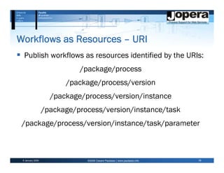 Workflows as Resources – URI
  Publish workflows as resources identified by the URIs:
                            /package/process
                        /package/process/version
                    /package/process/version/instance
                  /package/process/version/instance/task
 /package/process/version/instance/task/parameter



 6 January 2009               ©2009 Cesare Pautasso | www.pautasso.info   18
 