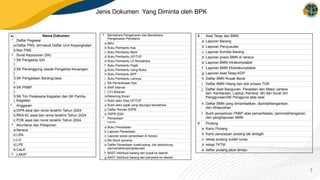 7
No. Nama Dokumen
1 Daftar Pegawai
a Daftar PNS, termasuk Daftar Urut Kepangkatan
b Non PNS
2 Surat Keputusan (SK)
1
)
SK Pengelola SAI
2
)
SK Penanggung Jawab Pengelola Keuangan,
3
)
SK Pengadaan Barang/Jasa
4
)
SK PNBP
5
)
SK Tim Pelaksana Kegiatan dan SK Panitia
Kegiatan
3 Anggaran
a DIPA awal dan revisi terakhir Tahun 2024
b RKA-KL awal dan revisi terakhir Tahun 2024
c POK awal dan revisi terakhir Tahun 2024
4 Akuntansi dan Pelaporan
a Neraca
b LRA
c LO
d LPE
e CaLK
5 LAKIP
6 Bendahara Pengeluaran dan Bendahara
Pengeluaran Pembantu
a BKU
b Buku Pembantu Kas
c Buku Pembantu Bank
d Buku Pembantu UP/TUP
e Buku Pembantu LS Bendahara
f Buku Pembantu Pajak
g Buku Pembantu Uang Muka
h Buku Pembantu BPP
i Buku Pembantu Lainnya
j BA Pemeriksaan Kas
k BAR Internal
l LPJ Bulanan
mRekening Koran
n Bukti setor Sisa UP/TUP
o Bukti setor pajak yang dipungut bendahara
p Daftar Rincian SSPB
q SSPB 2024
7 Persediaan
KANWIL
a Buku Persediaan
b Laporan Persediaan
c Laporan posisi persediaan di neraca
d BA Stock opname
e Daftar Persediaan rusak/usang, dok pendukung
pemusnahan/penghapusan
f BAST distribusi barang dari pusat ke daerah
g BAST distribusi barang dari penyedia ke daerah
8 Aset Tetap dan BMN
a Laporan Barang
b Laporan Penyusutan
c Laporan Kondisi Barang
d Laporan posisi BMN di neraca
e Laporan BMN Intrakomptabel
f Laporan BMN Ekstrakomptabel
g Laporan Aset Tetap-KDP
h Daftar BMN Rusak Berat
i Daftar BMN Hilang dan dok proses TGR
j Daftar Aset Bangunan, Peralatan dan Mesin (antara
lain: Kendaraan, Laptop, Kamera, dll) dan Surat Izin
Penggunaan/SK Pengguna atas aset
k Daftar BMN yang dimanfaatkan, dipindahtangankan,
dan dihapuskan
l Bukti penyetoran PNBP atas pemanfaatan, pemindahtanganan,
dan penghapusan BMN
9 Piutang
a Kartu Piutang
b Kartu penyisipan piutang tak tertagih
c rekap piutang sudah lunas
d rekap TKTM
e daftar piutang jatuh tempo
Jenis Dokumen Yang Diminta oleh BPK
 