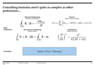 Consulting formulas aren’t quite as complex as other professions… Booz & Company DATE Electrical Engineering Maxwell’s Third Equation Aeronautical engineering Stokes Theorum Astrophysics Kepler’s Third Law Finance  Option Premium Valuation Other  Professions Consulting Units x Price = Revenue 