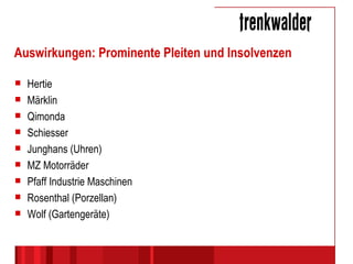 Auswirkungen: Prominente Pleiten und Insolvenzen Hertie Märklin Qimonda Schiesser Junghans (Uhren) MZ Motorräder Pfaff Industrie Maschinen Rosenthal (Porzellan) Wolf (Gartengeräte) 