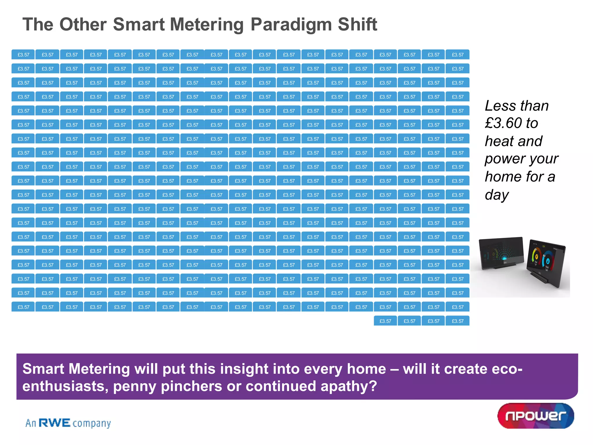 The Other Smart Metering Paradigm Shift
Smart Metering will put this insight into every home – will it create eco-
enthusiasts, penny pinchers or continued apathy?
Less than
£3.60 to
heat and
power your
home for a
day
£3.57 £3.57£3.57£3.57£3.57£3.57 £3.57£3.57 £3.57£3.57£3.57 £3.57 £3.57 £3.57£3.57£3.57£3.57£3.57£3.57
£3.57 £3.57£3.57£3.57£3.57£3.57 £3.57£3.57 £3.57£3.57£3.57 £3.57 £3.57 £3.57£3.57£3.57£3.57£3.57£3.57
£3.57 £3.57£3.57£3.57£3.57£3.57 £3.57£3.57 £3.57£3.57£3.57 £3.57 £3.57 £3.57£3.57£3.57£3.57£3.57£3.57
£3.57 £3.57£3.57£3.57£3.57£3.57 £3.57£3.57 £3.57£3.57£3.57 £3.57 £3.57 £3.57£3.57£3.57£3.57£3.57£3.57
£3.57 £3.57£3.57£3.57£3.57£3.57 £3.57£3.57 £3.57£3.57£3.57 £3.57 £3.57 £3.57£3.57£3.57£3.57£3.57£3.57
£3.57 £3.57£3.57£3.57£3.57£3.57 £3.57£3.57 £3.57£3.57£3.57 £3.57 £3.57 £3.57£3.57£3.57£3.57£3.57£3.57
£3.57 £3.57£3.57£3.57£3.57£3.57 £3.57£3.57 £3.57£3.57£3.57 £3.57 £3.57 £3.57£3.57£3.57£3.57£3.57£3.57
£3.57 £3.57£3.57£3.57£3.57£3.57 £3.57£3.57 £3.57£3.57£3.57 £3.57 £3.57 £3.57£3.57£3.57£3.57£3.57£3.57
£3.57 £3.57£3.57£3.57£3.57£3.57 £3.57£3.57 £3.57£3.57£3.57 £3.57 £3.57 £3.57£3.57£3.57£3.57£3.57£3.57
£3.57 £3.57£3.57£3.57£3.57£3.57 £3.57£3.57 £3.57£3.57£3.57 £3.57 £3.57 £3.57£3.57£3.57£3.57£3.57£3.57
£3.57 £3.57£3.57£3.57£3.57£3.57 £3.57£3.57 £3.57£3.57£3.57 £3.57 £3.57 £3.57£3.57£3.57£3.57£3.57£3.57
£3.57 £3.57£3.57£3.57£3.57£3.57 £3.57£3.57 £3.57£3.57£3.57 £3.57 £3.57 £3.57£3.57£3.57£3.57£3.57£3.57
£3.57 £3.57£3.57£3.57£3.57£3.57 £3.57£3.57 £3.57£3.57£3.57 £3.57 £3.57 £3.57£3.57£3.57£3.57£3.57£3.57
£3.57 £3.57£3.57£3.57£3.57£3.57 £3.57£3.57 £3.57£3.57£3.57 £3.57 £3.57 £3.57£3.57£3.57£3.57£3.57£3.57
£3.57 £3.57£3.57£3.57£3.57£3.57 £3.57£3.57 £3.57£3.57£3.57 £3.57 £3.57 £3.57£3.57£3.57£3.57£3.57£3.57
£3.57 £3.57£3.57£3.57£3.57£3.57 £3.57£3.57 £3.57£3.57£3.57 £3.57 £3.57 £3.57£3.57£3.57£3.57£3.57£3.57
£3.57 £3.57£3.57£3.57£3.57£3.57 £3.57£3.57 £3.57£3.57£3.57 £3.57 £3.57 £3.57£3.57£3.57£3.57£3.57£3.57
£3.57 £3.57£3.57£3.57£3.57£3.57 £3.57£3.57 £3.57£3.57£3.57 £3.57 £3.57 £3.57£3.57£3.57£3.57£3.57£3.57
£3.57 £3.57£3.57£3.57£3.57£3.57 £3.57£3.57 £3.57£3.57£3.57 £3.57 £3.57 £3.57£3.57£3.57£3.57£3.57£3.57
£3.57£3.57£3.57 £3.57
 