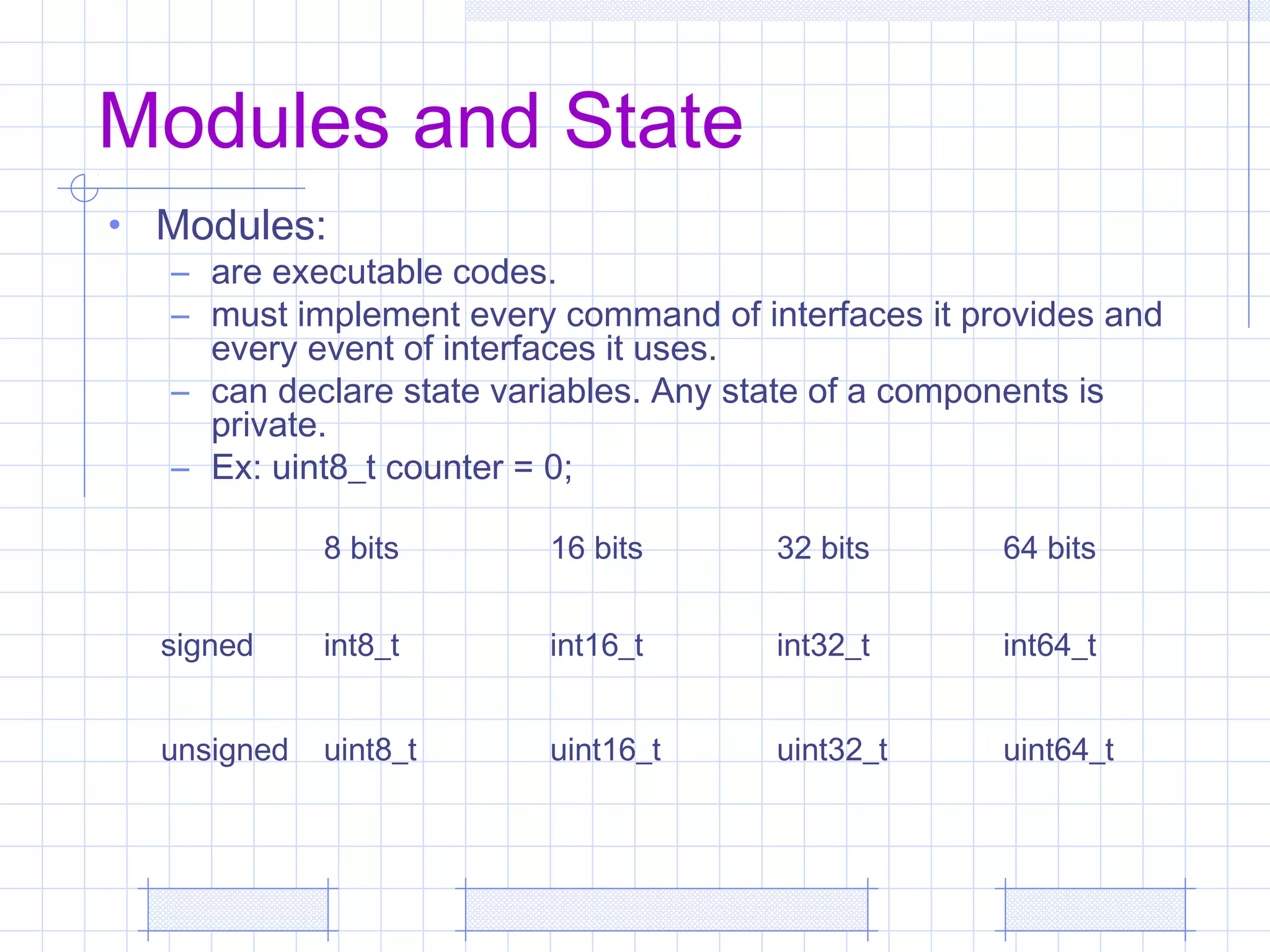 Modules and State
• Modules:
– are executable codes.
– must implement every command of interfaces it provides and
every event of interfaces it uses.
– can declare state variables. Any state of a components is
private.
– Ex: uint8_t counter = 0;
8 bits 16 bits 32 bits 64 bits
signed int8_t int16_t int32_t int64_t
unsigned uint8_t uint16_t uint32_t uint64_t
 