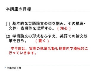 本講座の目標


(1) 基本的な英語論文の型を掴み、その構造・
  文体・表現等を理解する。（知る）

(2) 学術論文の形式をふまえ、英語での論文執
  筆を行う。 （書く）
　 本年度は、実際の執筆活動も授業内で積極的に
 行っていきます。


本講座の目標
 
