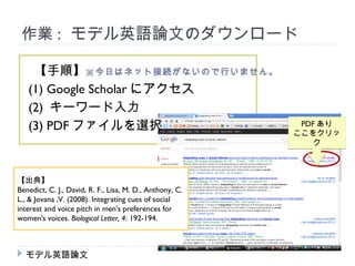 作業 : モデル英語論文のダウンロード

 　【手順】※今日はネット接続がないので行いません。
  (1) Google Scholar にアクセス
  (2) キーワード入力
  (3) PDF ファイルを選択                                          PDF あり
                                                          ここをクリッ
                                                             ク



【出典】
Benedict, C. J., David, R. F., Lisa, M. D., Anthony, C.
L., & Jovana ,V. (2008). Integrating cues of social
interest and voice pitch in men's preferences for
women's voices. Biological Letter, 4: 192-194.



  モデル英語論文
 