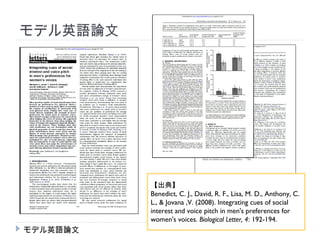 モデル英語論文　




           【出典】
           Benedict, C. J., David, R. F., Lisa, M. D., Anthony, C.
           L., & Jovana ,V. (2008). Integrating cues of social
           interest and voice pitch in men's preferences for
           women's voices. Biological Letter, 4: 192-194.
モデル英語論文
 