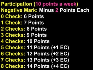 Participation ( 10 points a week ) Negative Mark:  Minus  2  Points Each 0 Check:  6 Points 1 Check:  7 Points 2 Checks:  8 Points 3 Checks:  9 Points 4 Checks:  10 Points  5 Checks:  11 Points (+1 EC) 6 Checks:  12 Points (+2 EC) 7 Checks:  13 Points (+3 EC) 8 Checks:  14 Points (+4 EC) 
