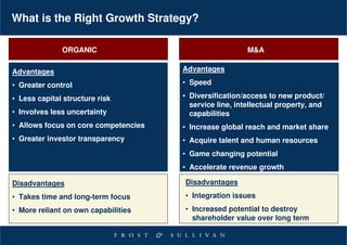 What is the Right Growth Strategy?

              ORGANIC                                    M&A

Advantages                            Advantages

• Greater control                     • Speed

• Less capital structure risk         • Diversification/access to new product/
                                        service line, intellectual property, and
• Involves less uncertainty             capabilities
• Allows focus on core competencies   • Increase global reach and market share
• Greater investor transparency       • Acquire talent and human resources
                                      • Game changing potential
                                      • Accelerate revenue growth

Disadvantages                         Disadvantages
• Takes time and long-term focus      • Integration issues
• More reliant on own capabilities    • Increased potential to destroy
                                        shareholder value over long term
 