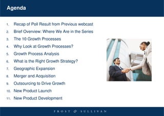 Agenda


1.    Recap of Poll Result from Previous webcast
2.    Brief Overview: Where We Are in the Series
3.    The 10 Growth Processes
4.    Why Look at Growth Processes?
5.    Growth Process Analysis
6.    What is the Right Growth Strategy?
7.    Geographic Expansion
8.    Merger and Acquisition
9.    Outsourcing to Drive Growth
10.   New Product Launch
11.   New Product Development
 