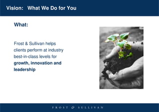 Vision: What We Do for You


  What:


  Frost & Sullivan helps
  clients perform at industry
  best-in-class levels for
  growth, innovation and
  leadership
 