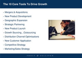 The 10 Core Tools To Drive Growth


•   Mergers & Acquisitions
•   New Product Development
•   Geographic Expansion
•   Strategic Partnering
•   New Product Launch
•   Growth Sourcing…Outsourcing
•   Distribution Channel Optimisations
•   New Customer Application
•   Competitive Strategy
•   Marketing/Sales Strategy
 