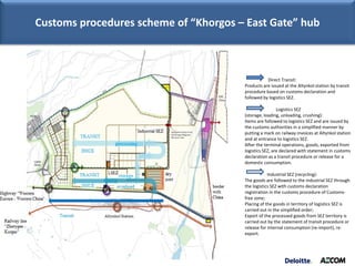 Customs procedures scheme of “Khorgos – East Gate” hub



                                                  Direct Transit:
                                       Products are issued at the Altynkol station by transit
                                       procedure based on customs declaration and
                                       followed by logistics SEZ.

                                                        Logistics SEZ
                                       (storage, loading, unloading, crushing):
                                       Items are followed to logistics SEZ and are issued by
                                       the customs authorities in a simplified manner by
                                       putting a mark on railway invoices at Altynkol station
                                       and at entrance to logistics SEZ.
                                       After the terminal operations, goods, exported from
                                       logistics SEZ, are declared with statement in customs
                                       declaration as a transit procedure or release for a
                                       domestic consumption.

                                                   Industrial SEZ (recycling):
                                       The goods are followed to the industrial SEZ through
                                       the logistics SEZ with customs declaration
                                       registration in the customs procedure of Customs-
                                       free zone;
                                       Placing of the goods in territory of logistics SEZ is
                                       carried out in the simplified order;
                                       Export of the processed goods from SEZ territory is
                                       carried out by the statement of transit procedure or
                                       release for internal consumption (re-import), re-
                                       export.
 