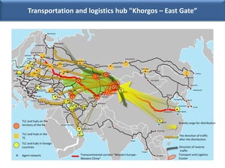 Transportation and logistics hub "Khorgos – East Gate”

                                                 Murmansk




                                                          Arkhangelsk
                                                                                                                                                                                                reverse traffic
                                Kandalaksha


                        Saint Petersburg
                 Helsinki
                                           Ust-Luga
                    Tallinn                                                                                                                           Krasnoyarsk
                                                                                         Ekaterinburg
                    Riga                                       N.Novgorod
                        Klaipeda          Moscow                                                                 Omsk
   Kaliningrad                                                                                                                          Novosibirsk
                                                                                                                                                                    Ulan-Ude
Berlin                                                                                                                                                                               Chita
                                                                       Samara
 Duisburg                     Minsk                                                                              Astana       Semey                                                                                                      Vanino
                    Warsaw
                                          Kiev                                                                    Qaragandy                                                                                               Khabarovsk
                                                                                         Aktobe
Praha                                                                                                                                                                          Ulan-Bator
                        Kishinev                                                                                                        Dostyk
                                      Odessa                                                                                                                                                                                     Ussuriisk
Budapest
                    Bucharest                         Rostov-na-Donu
                                                                                                                                      Khorgos
                                 Konstanca                                  Aktau                                                                                                                                                     Vladivostok
                                               Novorossiisk                                                                                      Urumchi
                                                                                                                                  Alma-Ata
                                                      Поти                       Quryk                                                                                                              Beijing
                                 Burgas                                                                       Shymkent
            Sofia                                                                                                      Bishkek
                                                                                                         Tashkent
                                                           Tbilisi                    Turkmenbashi                                                                                                            Pyongyang       Seoul
                        Istanbul
                                                                            Baku                                   Dushanbe
                                      Ankara                                         Gorgan
                                                                                              Sarakhs                                                                                                              Kuandzhu
                                                                                      Ashkhabad                                                                                                                                       Pusan
                                                                                Amirabad
                                                                       Tehran                                                                                                                   Changzhou        Liayungang




            TLC and hubs on the                                                                                                                                                         Chingqing
                                                                                                                                                                                                                   Gravity cargo for distribution
            territory of the RK                                      Bender-Homeini
                                                                                                                                 Deli
                                                                                                  Bender-Abbas
                                                                                                                                                                                      Kunming
            TLC and hubs in the                                                               Dubai                                                                                                                The direction of traffic
            TC                                                                                                                                                                                                     after the distribution
                                                                                                                                                           Dhaka
            TLC and hubs in foreign
            countries                                                                                                                                                                                              Direction of reverse
                                                                                                                                                                    Yangon                                          traffic
            Agent network                                                                      Transcontinental corridor "Western Europe -                                            Bangkok                      Transport and Logistics
                                                                                               Western China"                                                                                                      Cluster

                                                                                                                                                                                                                                                    17
 