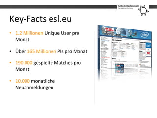 Key-Facts esl.eu
• 1.2 Millionen Unique User pro
  Monat

• Über 165 Millionen PIs pro Monat

• 190.000 gespielte Matches ...