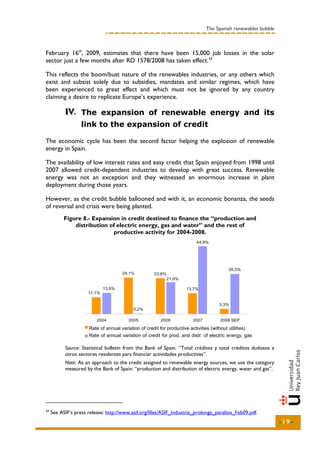 The Spanish renewables bubble



February 16th, 2009, estimates that there have been 15,000 job losses in the solar
sector just a few months after RD 1578/2008 has taken effect. 43

This reflects the boom/bust nature of the renewables industries, or any others which
exist and subsist solely due to subsidies, mandates and similar regimes, which have
been experienced to great effect and which must not be ignored by any country
claiming a desire to replicate Europe’s experience.

           IV.. The expansion of renewable energy and its
           IV
                   link to the expansion of credit

The economic cycle has been the second factor helping the explosion of renewable
energy in Spain.

The availability of low interest rates and easy credit that Spain enjoyed from 1998 until
2007 allowed credit-dependent industries to develop with great success. Renewable
energy was not an exception and they witnessed an enormous increase in plant
deployment during those years.

However, as the credit bubble ballooned and with it, an economic bonanza, the seeds
of reversal and crisis were being planted.
           Figure 8.- Expansion in credit destined to finance the “production and
               distribution of electric energy, gas and water” and the rest of
                             productive activity for 2004-2008.
                                                                             44,9%




                                                                                             26,5%
                                       24,1%           23,8%
                                                               21,0%

                              13,9%                                    13,7%
                      11,1%

                                                                                        3,3%
                                            0,2%

                          2004            2005            2006             2007          2008 SEP
                      Variación interanual del crédito total a actividades productivas (sin utilities)
                      Rate of annual variation of credit for productive activities (without utilities)
                      Variación interanual del crédito para for prod. andenergíaof electric gas y agua
                      Rate of annual variation of credit prod. y distr. distr. éléctrica, energy, gas

           Source: Statistical bulletin from the Bank of Spain. “Total créditos y total créditos dudosos a
           otros sectores residentes para financiar actividades productivas”.
           Note: As an approach to the credit assigned to renewable energy sources, we use the category
           measured by the Bank of Spain: “production and distribution of electric energy, water and gas”.




43
     See ASIF’s press release: http://www.asif.org/files/ASIF_Industria_prolonga_paralisis_Feb09.pdf.
                                                                                                                  -19-
 