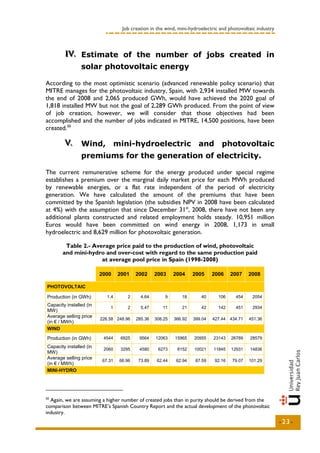 Job creation in the wind, mini-hydroelectric and photovoltaic industry



        IV.. Estimate of the number of jobs created in
        IV
                solar photovoltaic energy

According to the most optimistic scenario (advanced renewable policy scenario) that
MITRE manages for the photovoltaic industry, Spain, with 2,934 installed MW towards
the end of 2008 and 2,065 produced GWh, would have achieved the 2020 goal of
1,818 installed MW but not the goal of 2,289 GWh produced. From the point of view
of job creation, however, we will consider that those objectives had been
accomplished and the number of jobs indicated in MITRE, 14,500 positions, have been
created. 50

        V..
        V       Wind,             mini-hydroelectric                    and        photovoltaic
                premiums for the generation of electricity.

The current remunerative scheme for the energy produced under special regime
establishes a premium over the marginal daily market price for each MWh produced
by renewable energies, or a flat rate independent of the period of electricity
generation. We have calculated the amount of the premiums that have been
committed by the Spanish legislation (the subsidies NPV in 2008 have been calculated
at 4%) with the assumption that since December 31st, 2008, there have not been any
additional plants constructed and related employment holds steady. 10,951 million
Euros would have been committed on wind energy in 2008, 1,173 in small
hydroelectric and 8,629 million for photovoltaic generation.

        Table 2.- Average price paid to the production of wind, photovoltaic
       and mini-hydro and over-cost with regard to the same production paid
                     at average pool price in Spain (1998-2008)

                         2000     2001     2002     2003     2004     2005     2006     2007    2008

PHOTOVOLTAIC

Production (in GWh)         1.4       2      4,64       9       18       40      106     454     2054
Capacity installed (in
                             1        2      5,47      11       21       42      142     451     2934
MW)
Average selling price
                         226.58 248.96     285.36   308.25   366.92   399.04   427.44 434.71    451.36
(in € / MWh)
WIND
Production (in GWh)       4544     6925     9564    12063    15965    20955    23143    26789   28579

Capacity installed (in
                          2060     3295     4580     6273     8152    10021    11845    12931   14836
MW)
Average selling price
                          67.31    66.96    73.89    62.44    62.94    87.59    92.16   79.07   101.29
(in € / MWh)
MINI-HYDRO




50
  Again, we are assuming a higher number of created jobs than in purity should be derived from the
comparison between MITRE’s Spanish Country Report and the actual development of the photovoltaic
industry.
                                                                                                             -23-
 
