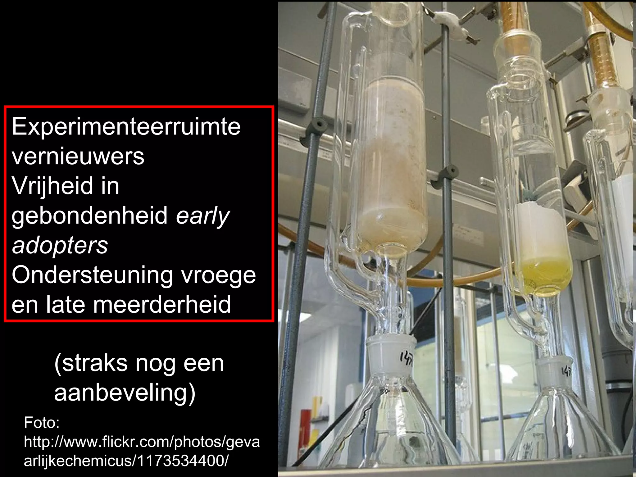 Experimenteerruimte vernieuwers Vrijheid in gebondenheid  early adopters Ondersteuning vroege en late meerderheid Foto: http://www.flickr.com/photos/gevaarlijkechemicus/1173534400/ (straks nog een aanbeveling) 