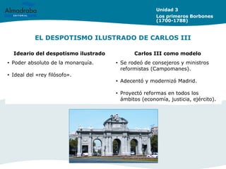 EL DESPOTISMO ILUSTRADO DE CARLOS III
Unidad 3
Los primeros Borbones
(1700-1788)
Ideario del despotismo ilustrado Carlos III como modelo
• Poder absoluto de la monarquía.
• Ideal del «rey filósofo».
• Se rodeó de consejeros y ministros
reformistas (Campomanes).
• Adecentó y modernizó Madrid.
• Proyectó reformas en todos los
ámbitos (economía, justicia, ejército).
 