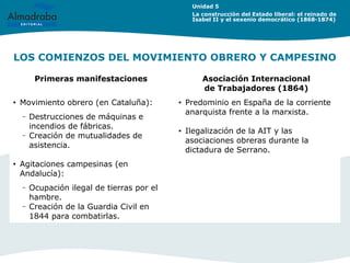 LOS COMIENZOS DEL MOVIMIENTO OBRERO Y CAMPESINO
Primeras manifestaciones Asociación Internacional
de Trabajadores (1864)
•...