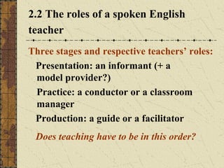 2.2 The roles of a spoken English
teacher
Three stages and respective teachers’ roles:
Presentation: an informant (+ a
model provider?)
Practice: a conductor or a classroom
manager
Production: a guide or a facilitator
Does teaching have to be in this order?

 